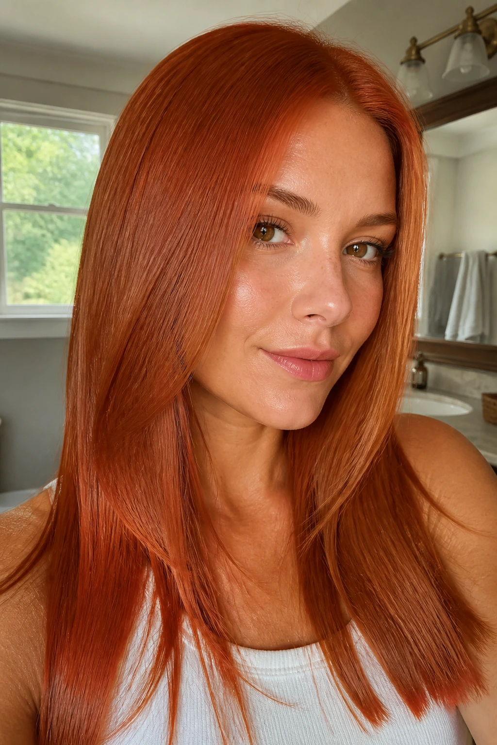 Close-up of copper penny all-over hair color on straight hair