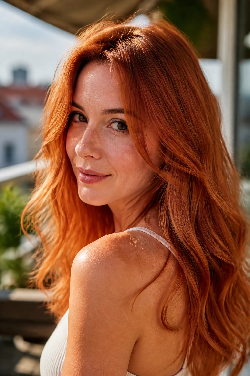 Close-up portrait of a real woman with copper penny hair in sunlight