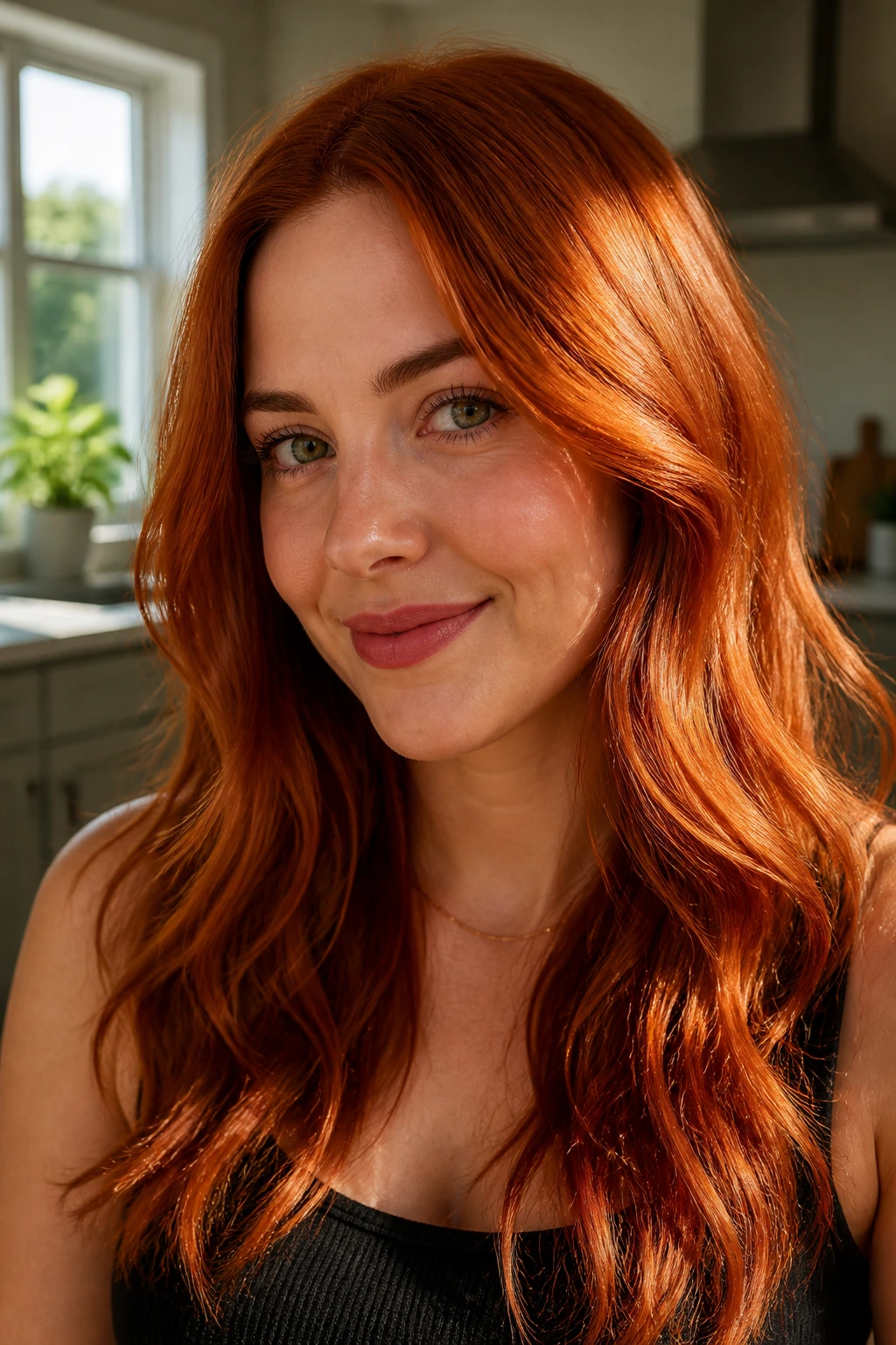 Close-up portrait of a real woman with Copper Penny hair vivid copper red