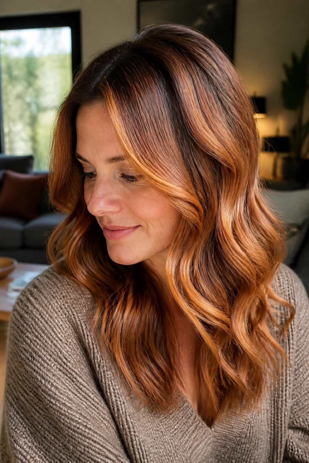 Close-up portrait of a real woman with copper penny halo balayage on wavy hair
