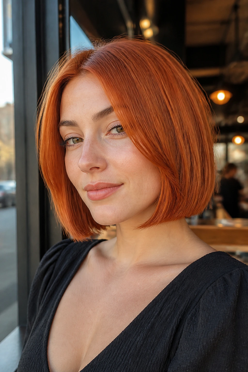 Portrait of woman with copper penny lob hairstyle