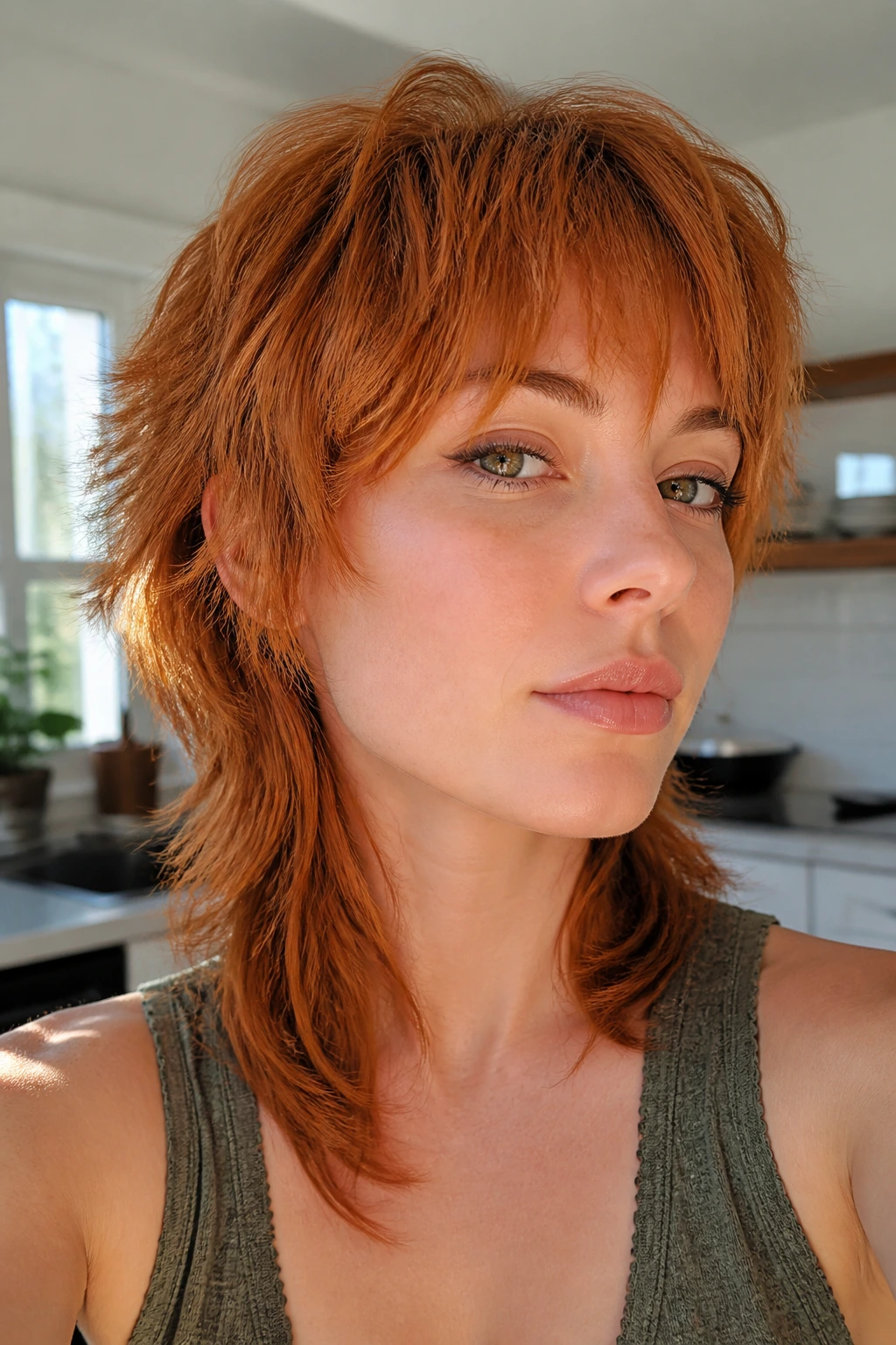 Close-up portrait of a real woman with copper penny mullet and feathered layers