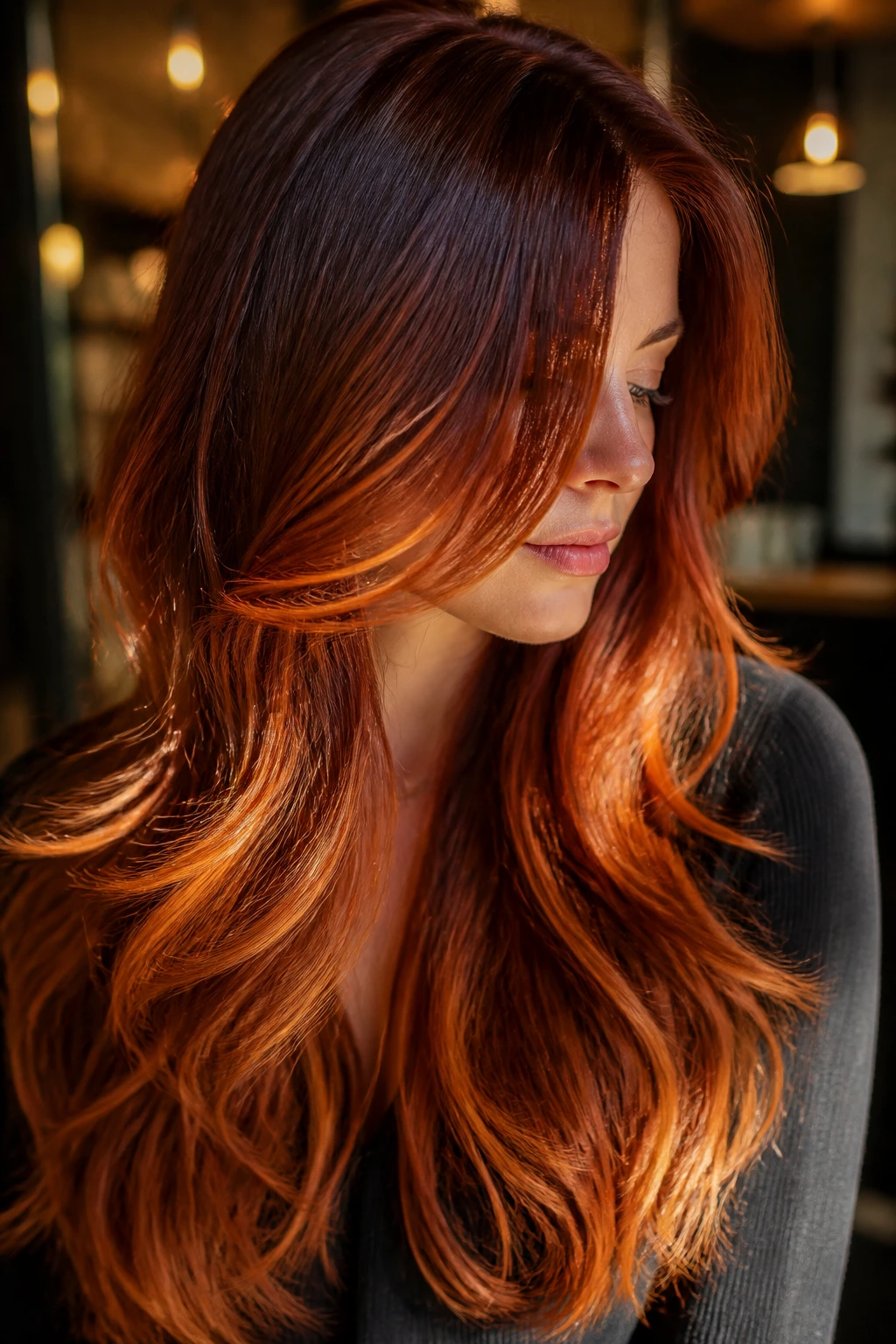Portrait of a real person with deep auburn to copper ombre in bottom half