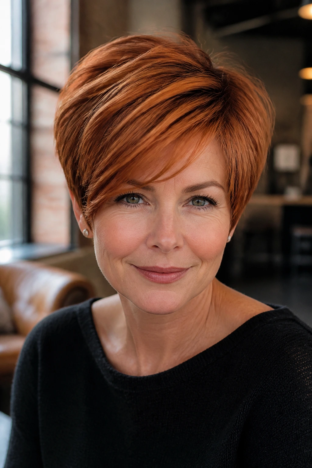 Portrait of a real woman with copper penny pixie bob in warm loft light