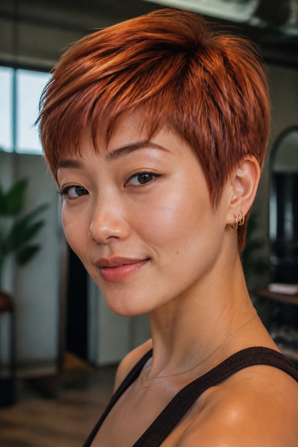 Portrait of a real woman with cropped pixie in copper penny shade under natural light