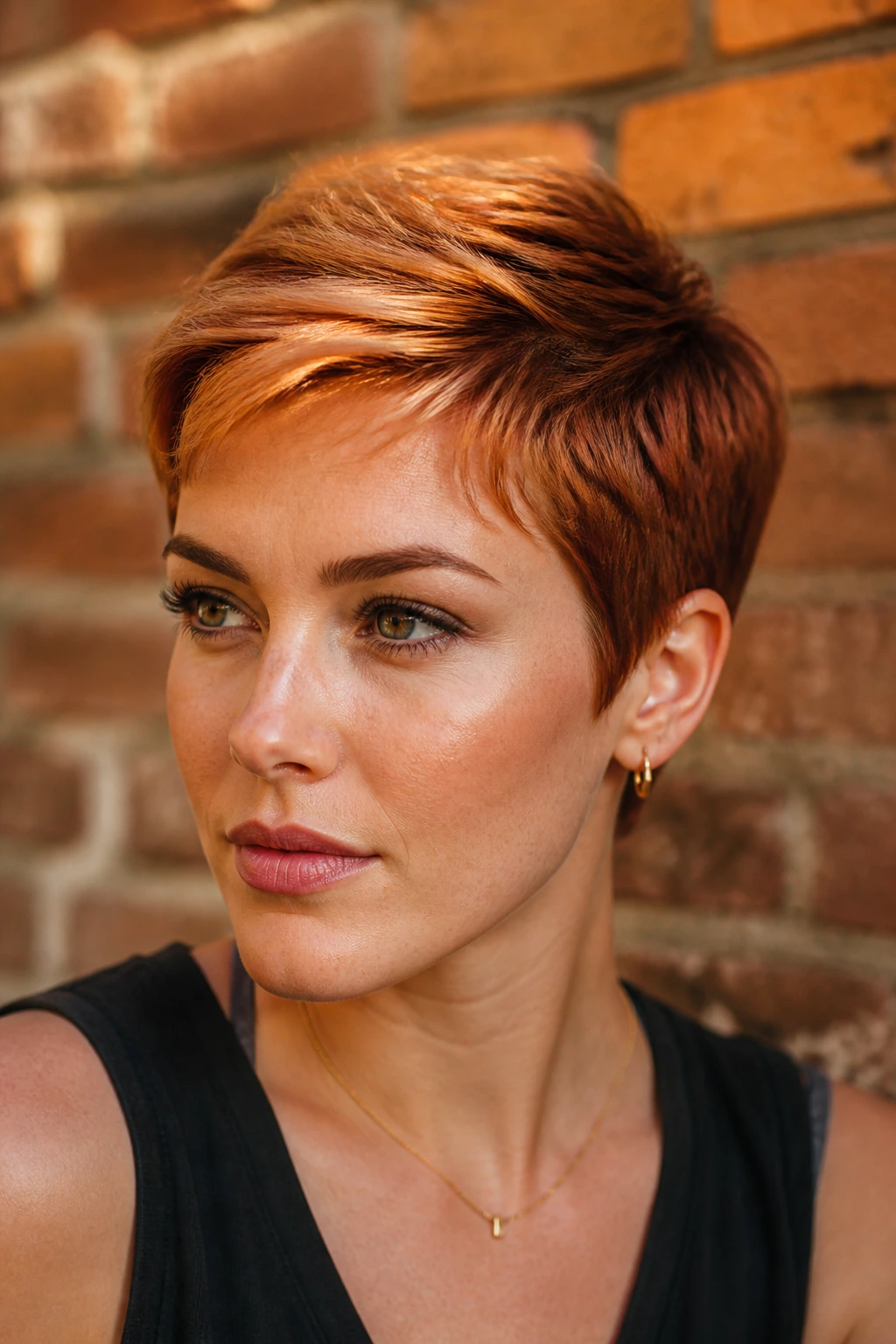 Portrait of a woman with copper penny pixie in warm sun