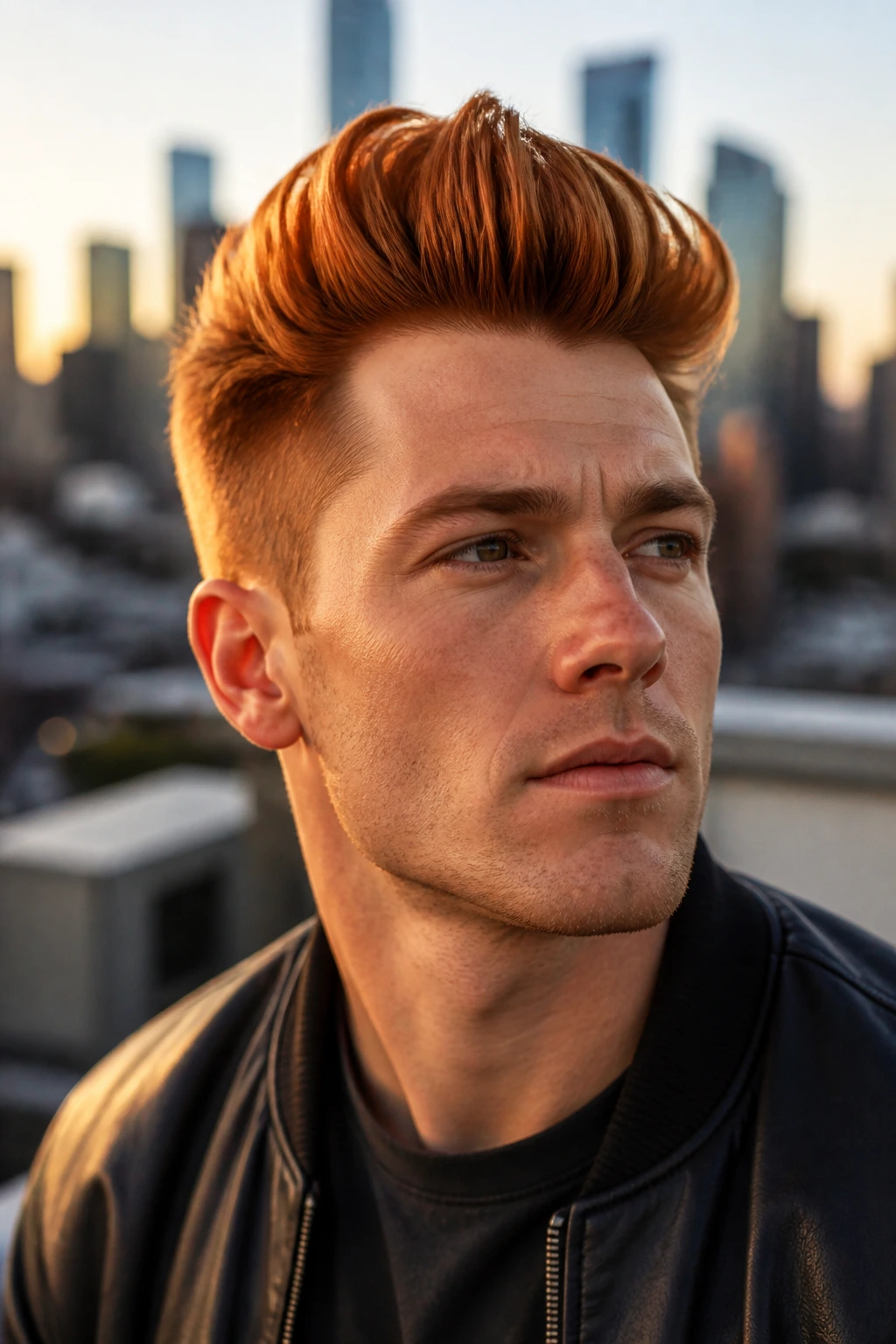 Real man with copper penny quiff against sunset city skyline