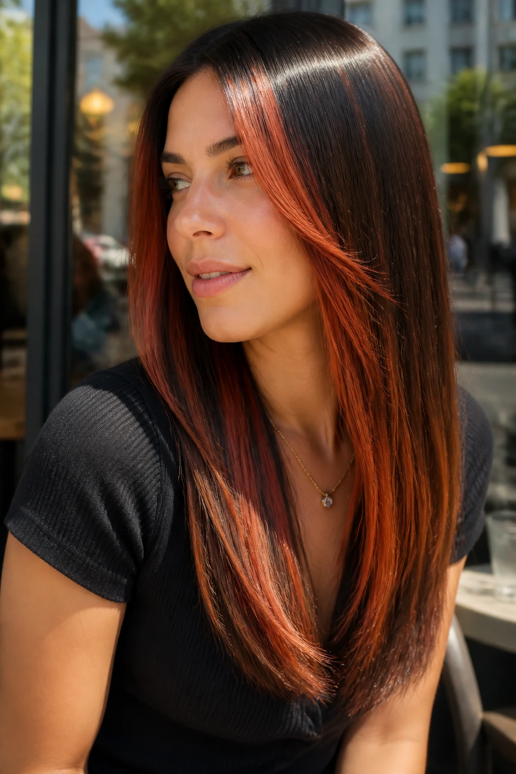 Close-up of a real woman with copper penny ribbons in front layers