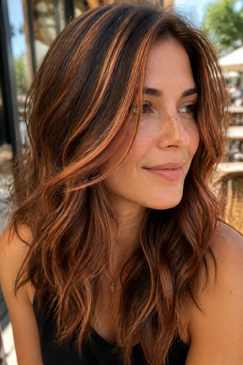Close-up of a real woman with copper penny ribbons in layered brown hair