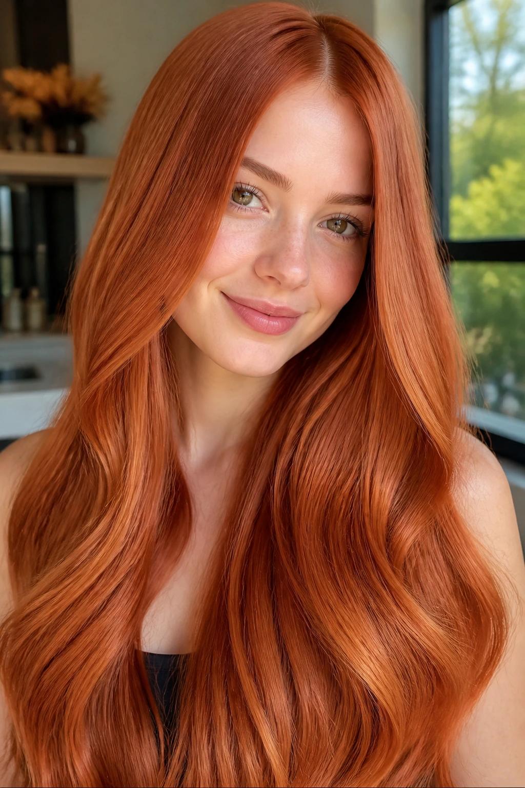 Close-up of a real person with bright copper penny shine hair.
