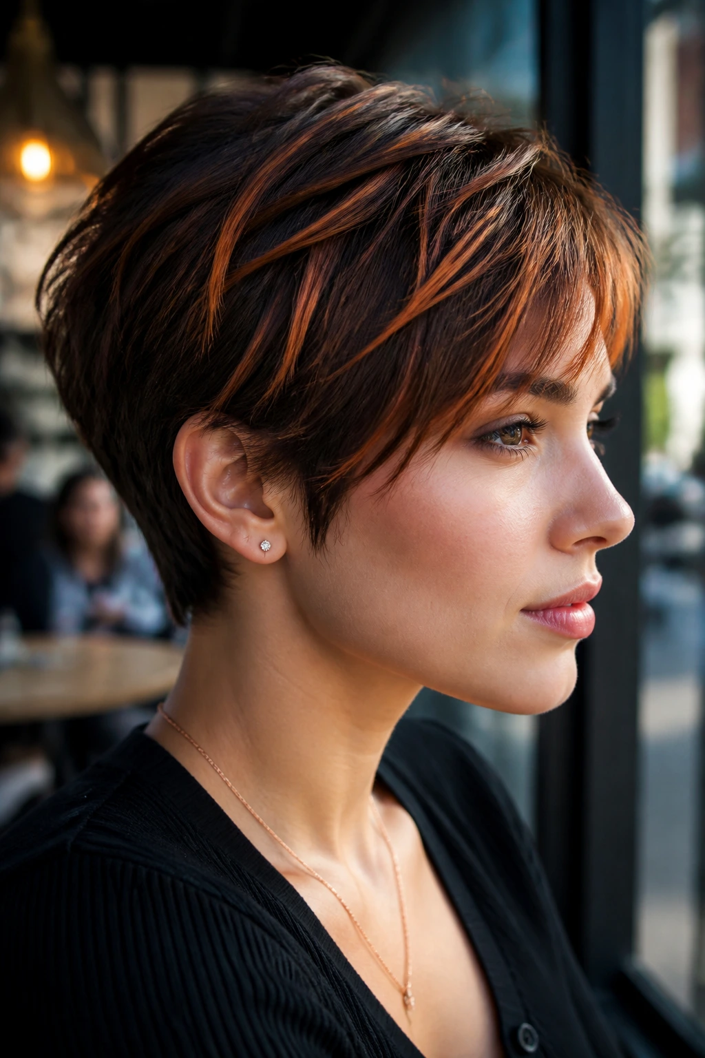Close-up of short brunette hair with copper penny streaks