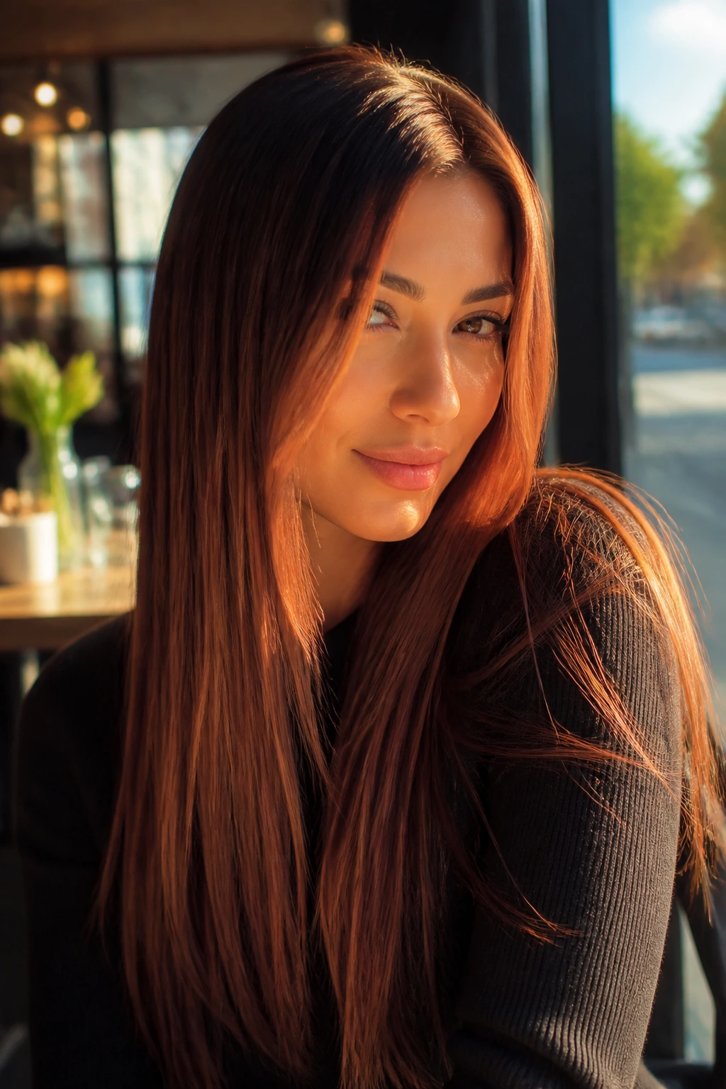 Close-up portrait of long straight hair with copper penny veil highlighting