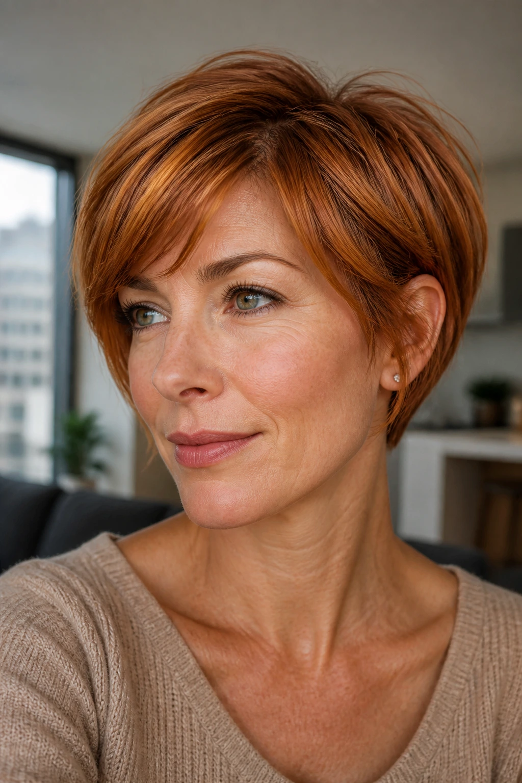 Close-up of a real woman with warm copper pixie bob catching light on copper tones.