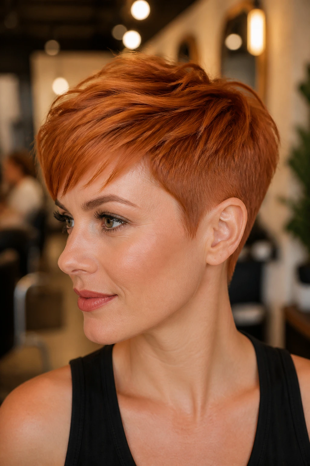 Portrait of a woman with copper pixie crop in a sunny salon