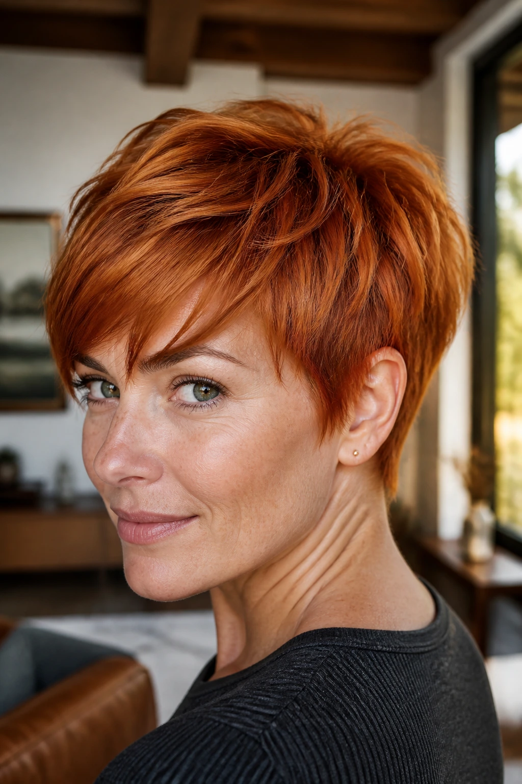Close-up of copper pixie crop with velvet shine on a real person