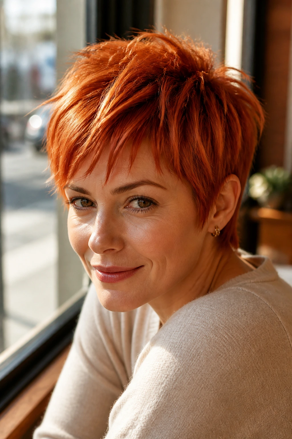 Portrait of a person with copper piecey pixie haircut showing color slices