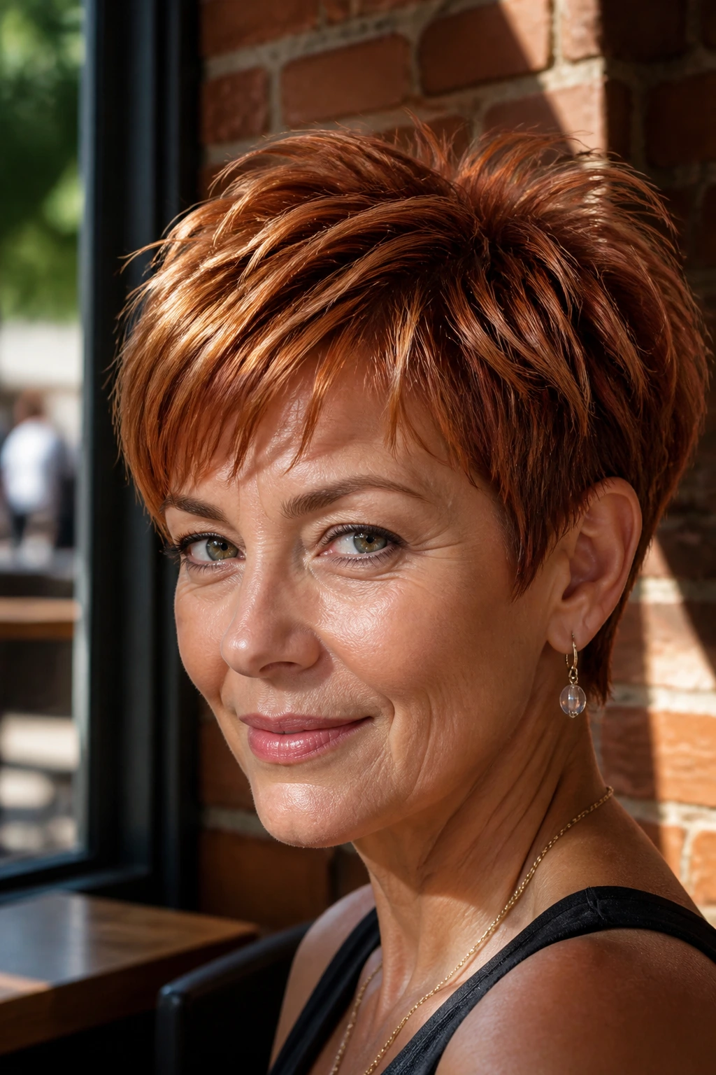 Close-up of copper-dimension pixie cut on a real woman with warm highlights