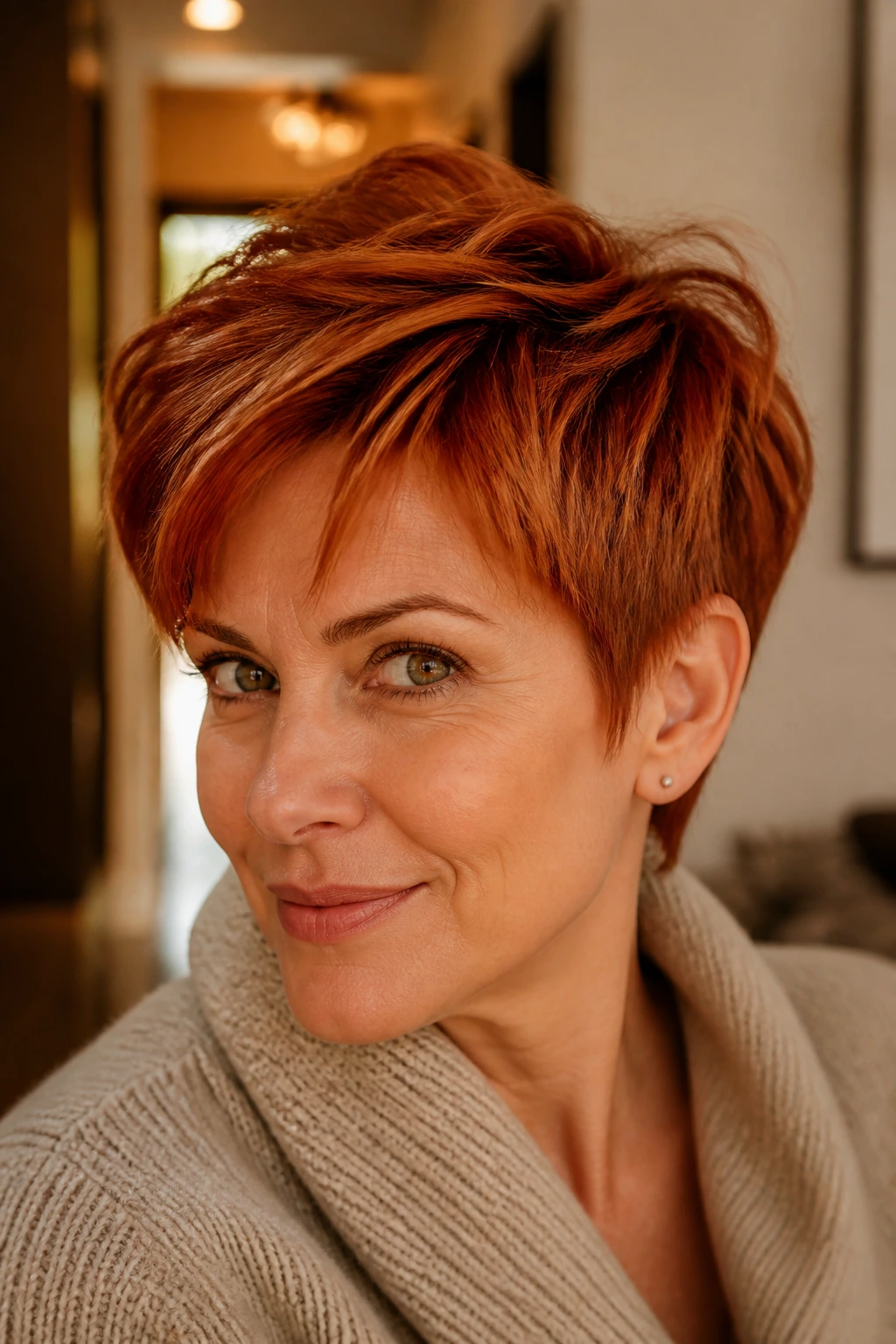 Close-up portrait of a woman with copper pixie haircut in warm indoor light