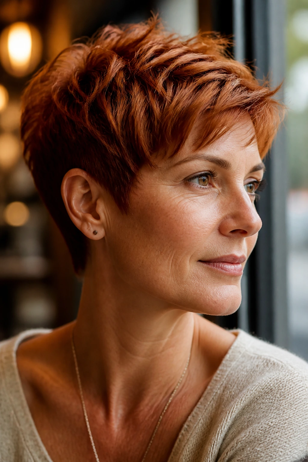 Close-up of a real woman with copper pixie hairstyle in warm cafe light