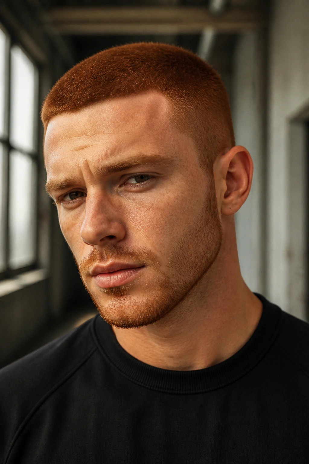 Close-up portrait of a man with copper-red buzz cut in an urban loft setting, warm natural light.