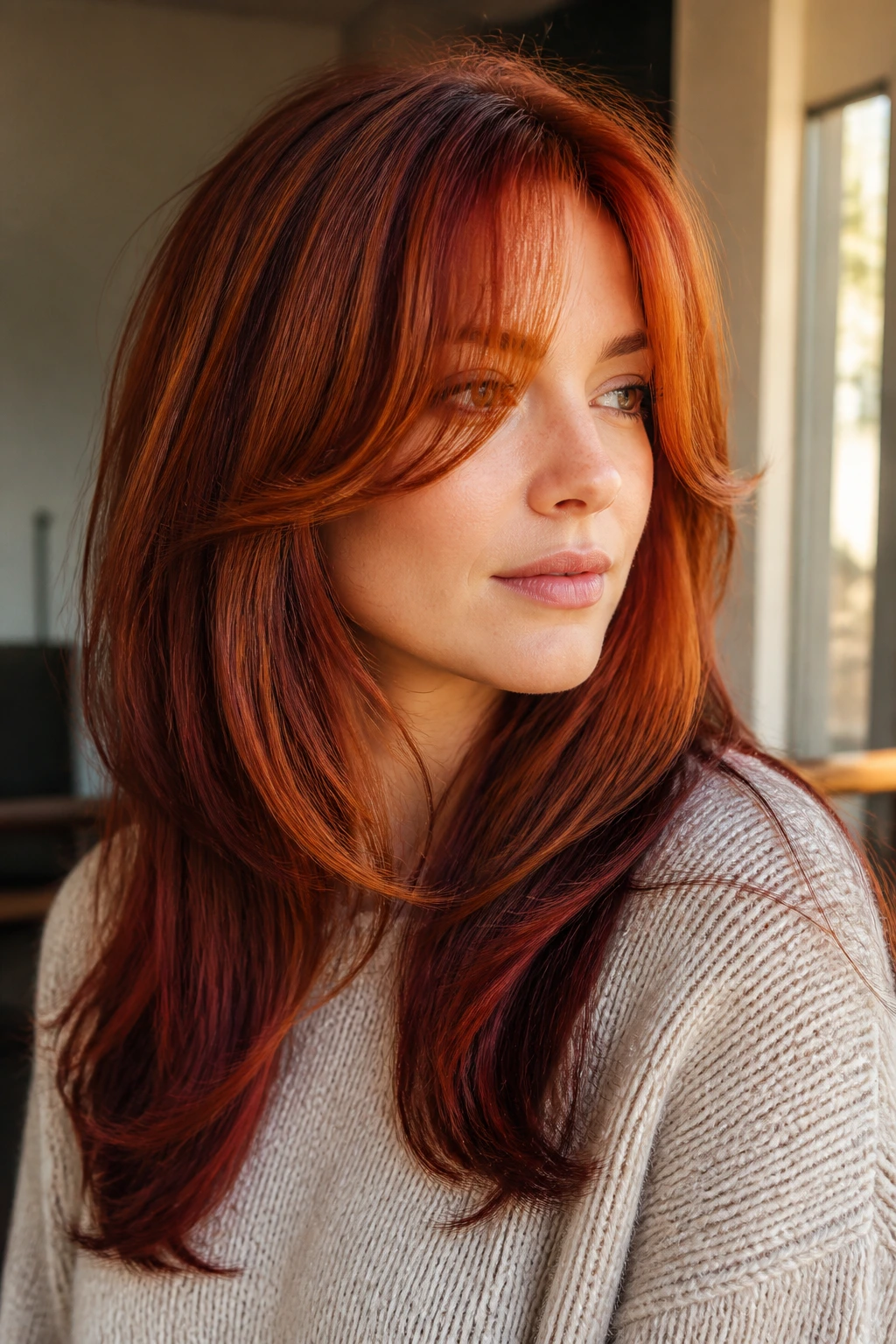 Close-up of a real woman with copper-red layered hair and blended fringe