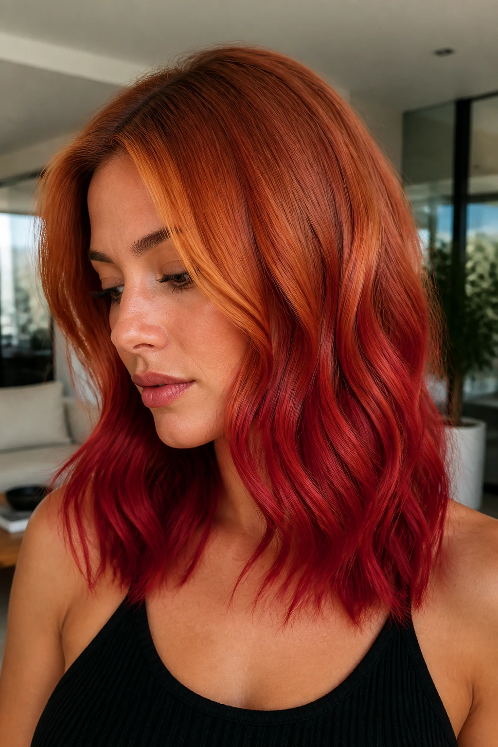 Close-up of Copper-To-Red Ombré on a real woman with medium-length hair