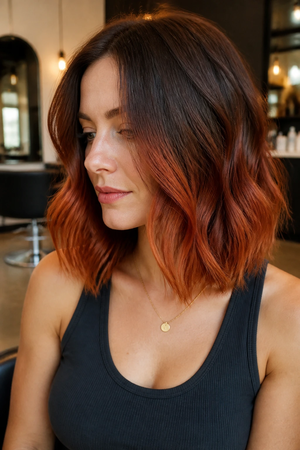 Close-up portrait of a real person with copper red ombre at collarbone length