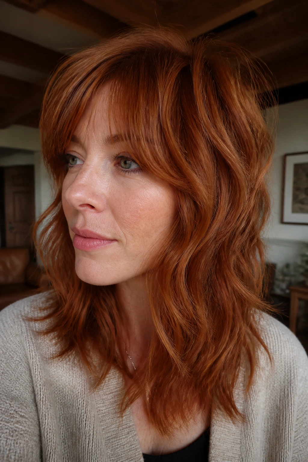 Close-up portrait of a copper-red shag hairstyle with layered texture.