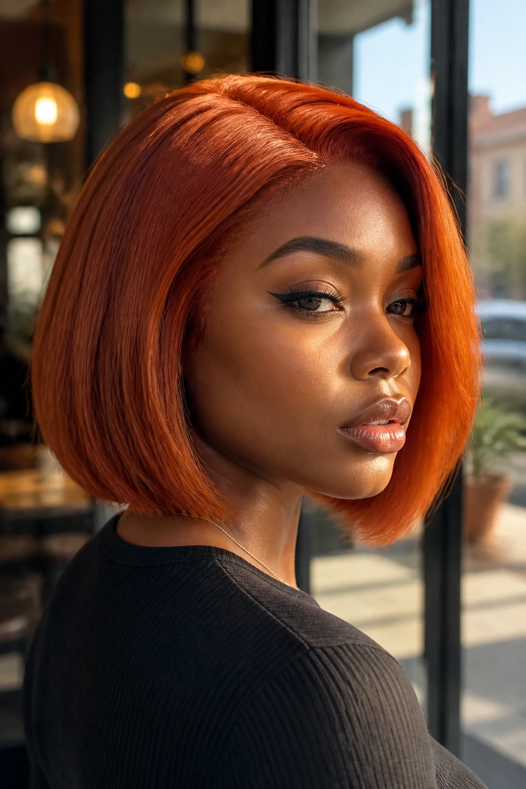 Close-up of a real person with a copper-red bob in a cafe setting.