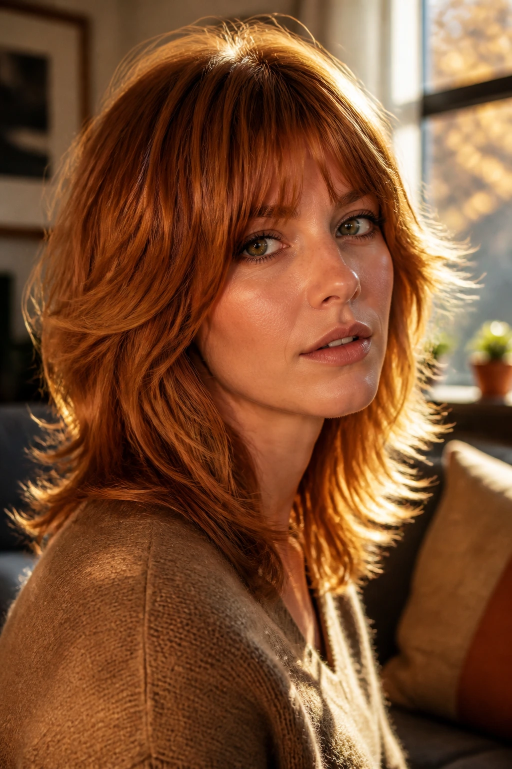 Close-up portrait of a woman with copper-toned shag showing feathered layers and glossy fringe