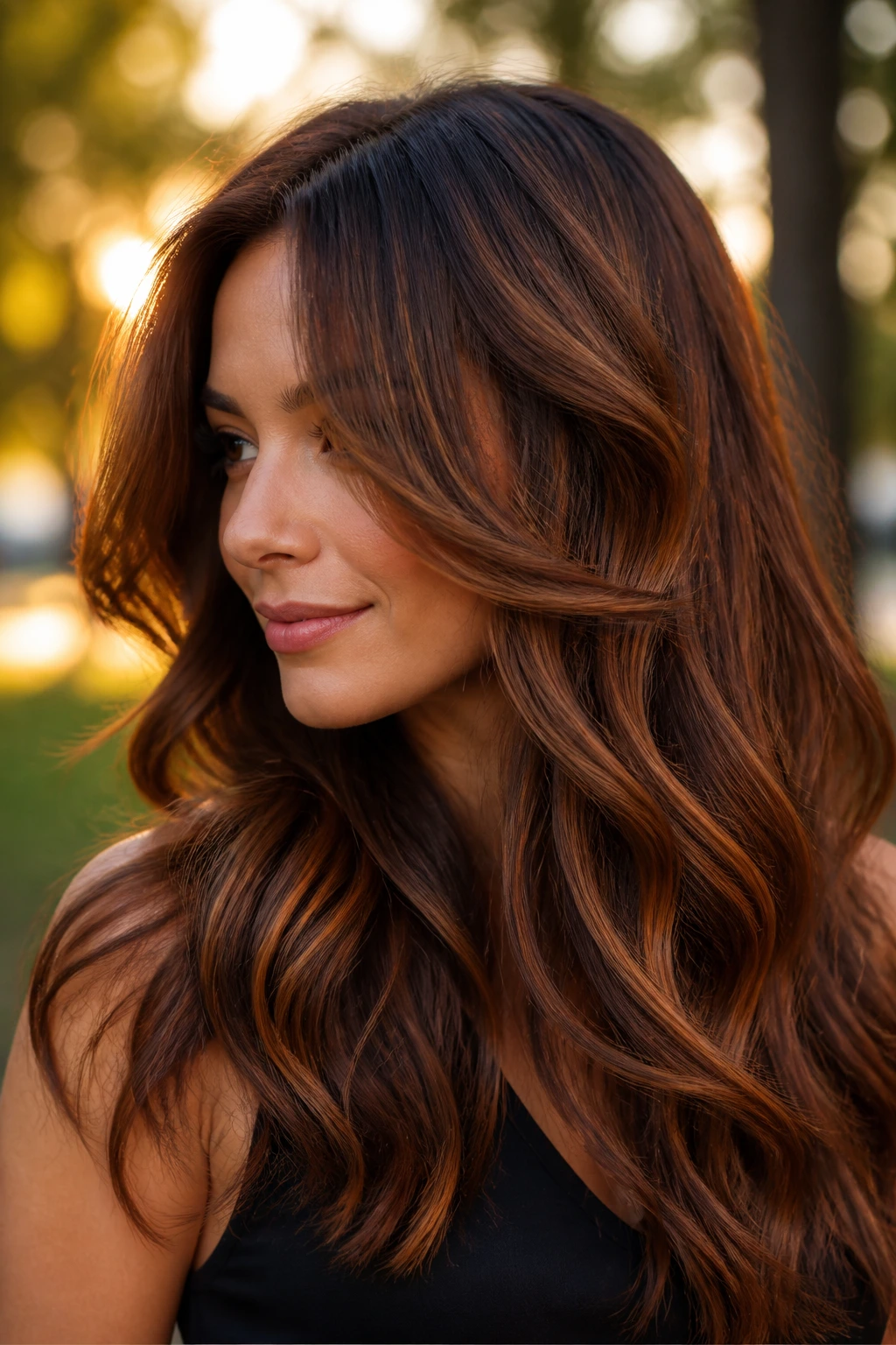 Portrait showing copper ribbons woven into bronze hair