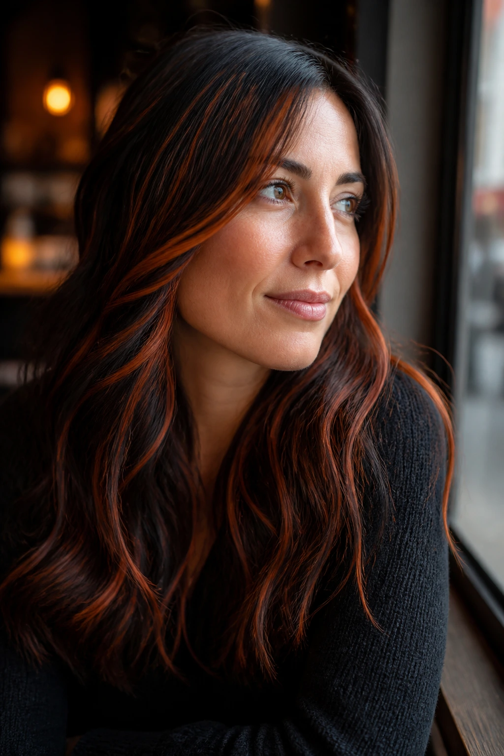 Close-up of a real woman with copper ribbon highlights in hair