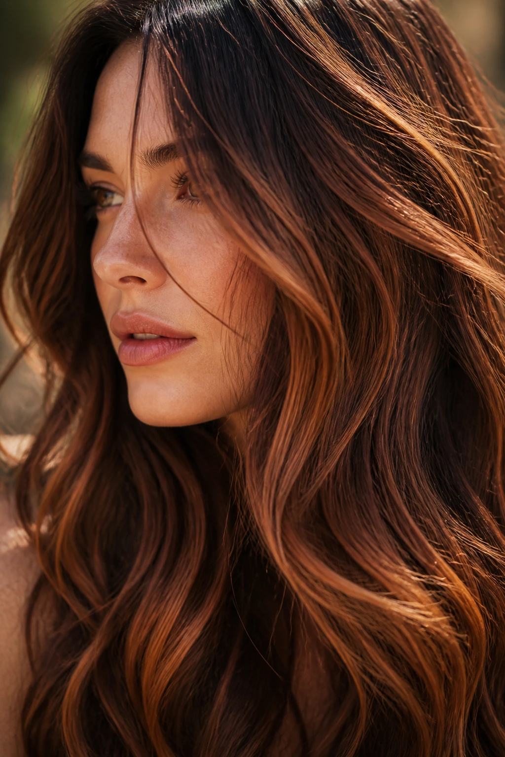 Close-up of thick brunette hair with copper ribbon highlights around the face