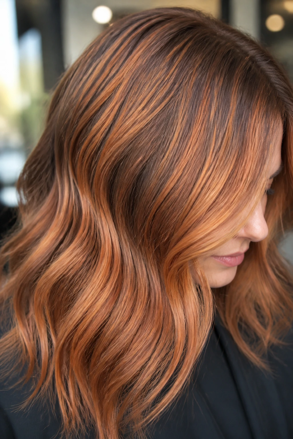Close-up of a real person with copper ribbon balayage through mids and ends