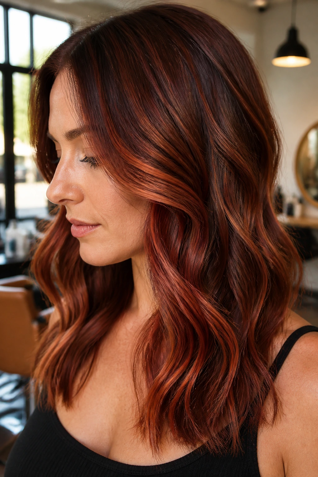 Close-up of a person with copper ribbon balayage in wavy hair.