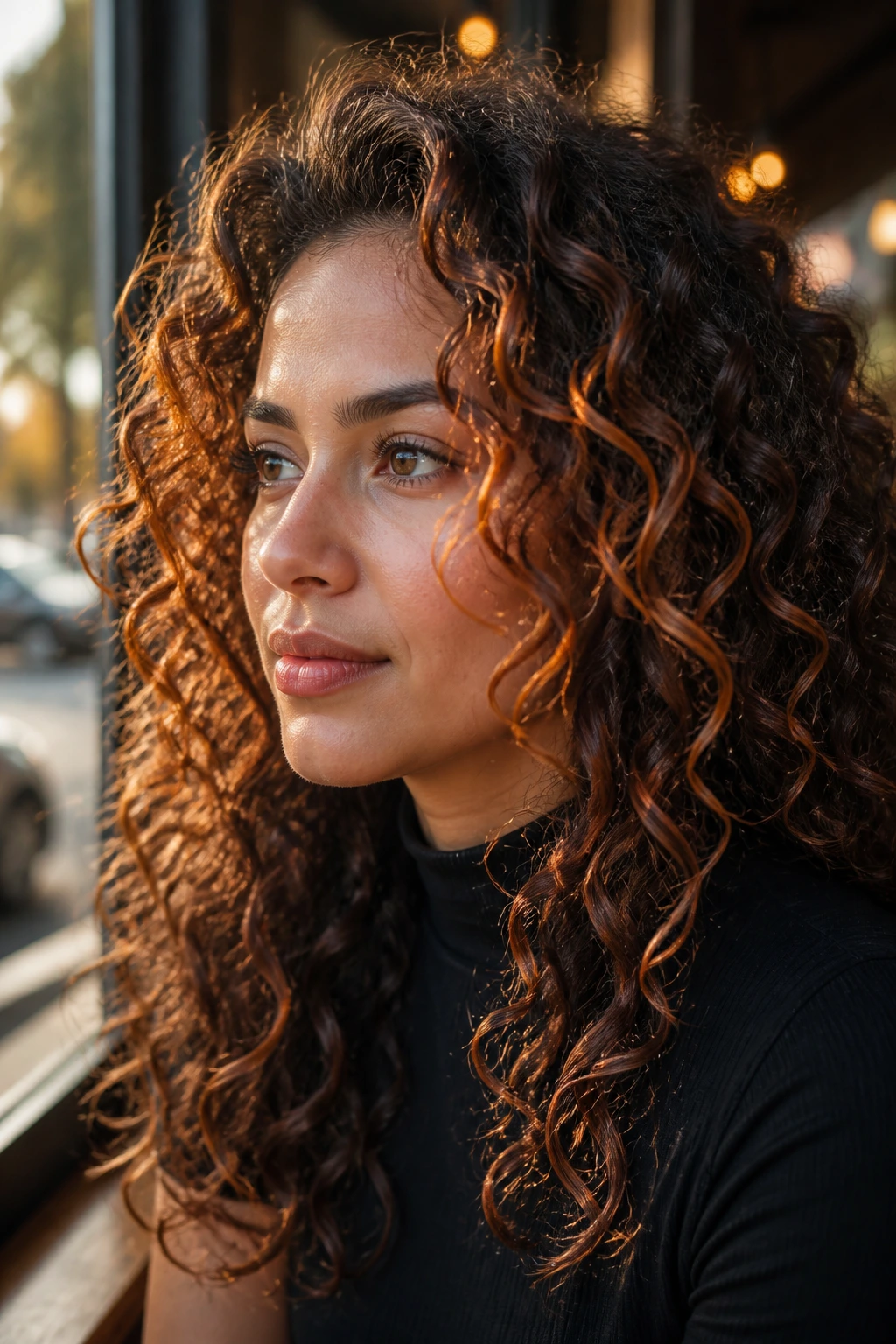 Portrait of a woman showing copper ribbons woven through curly hair around the face
