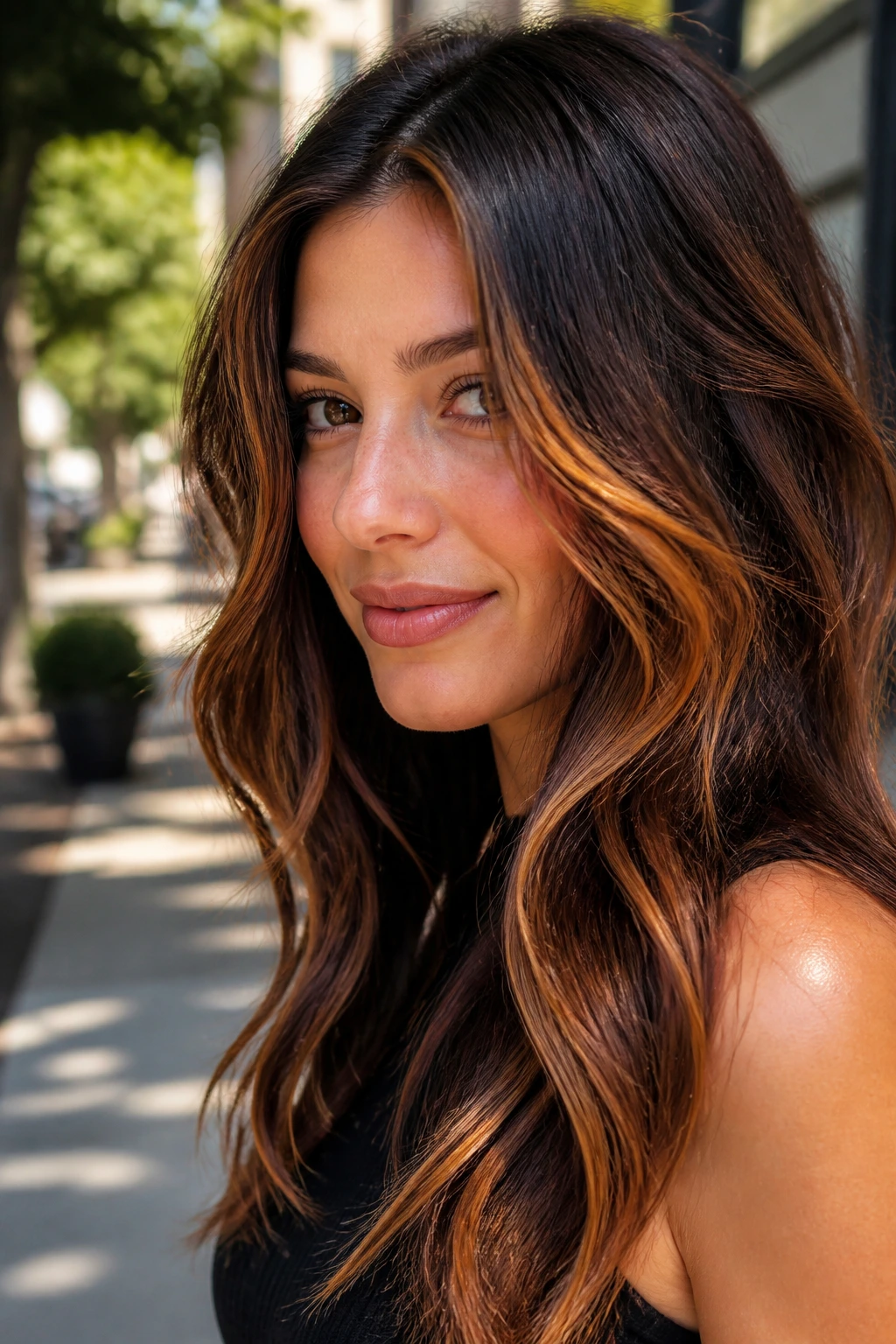 Close-up of a real woman with copper ribbons highlights in brunette hair under sunlight