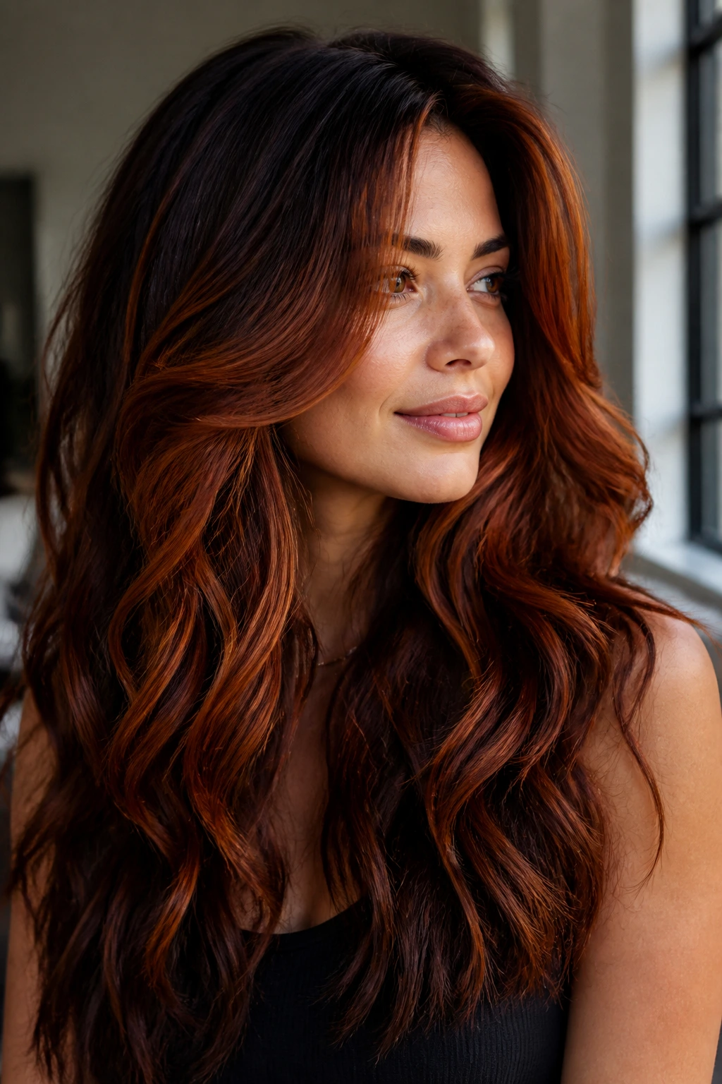 Thick-haired person with copper ribbon layers and face-framing highlights.
