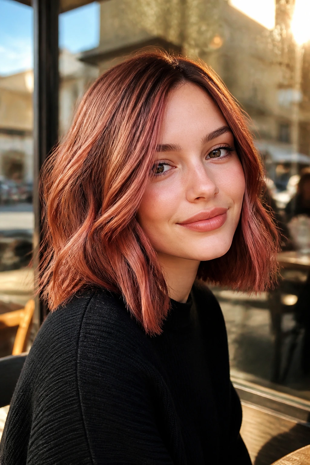 Real woman with Copper Rose Lob hairstyle showing copper rose auburn shade