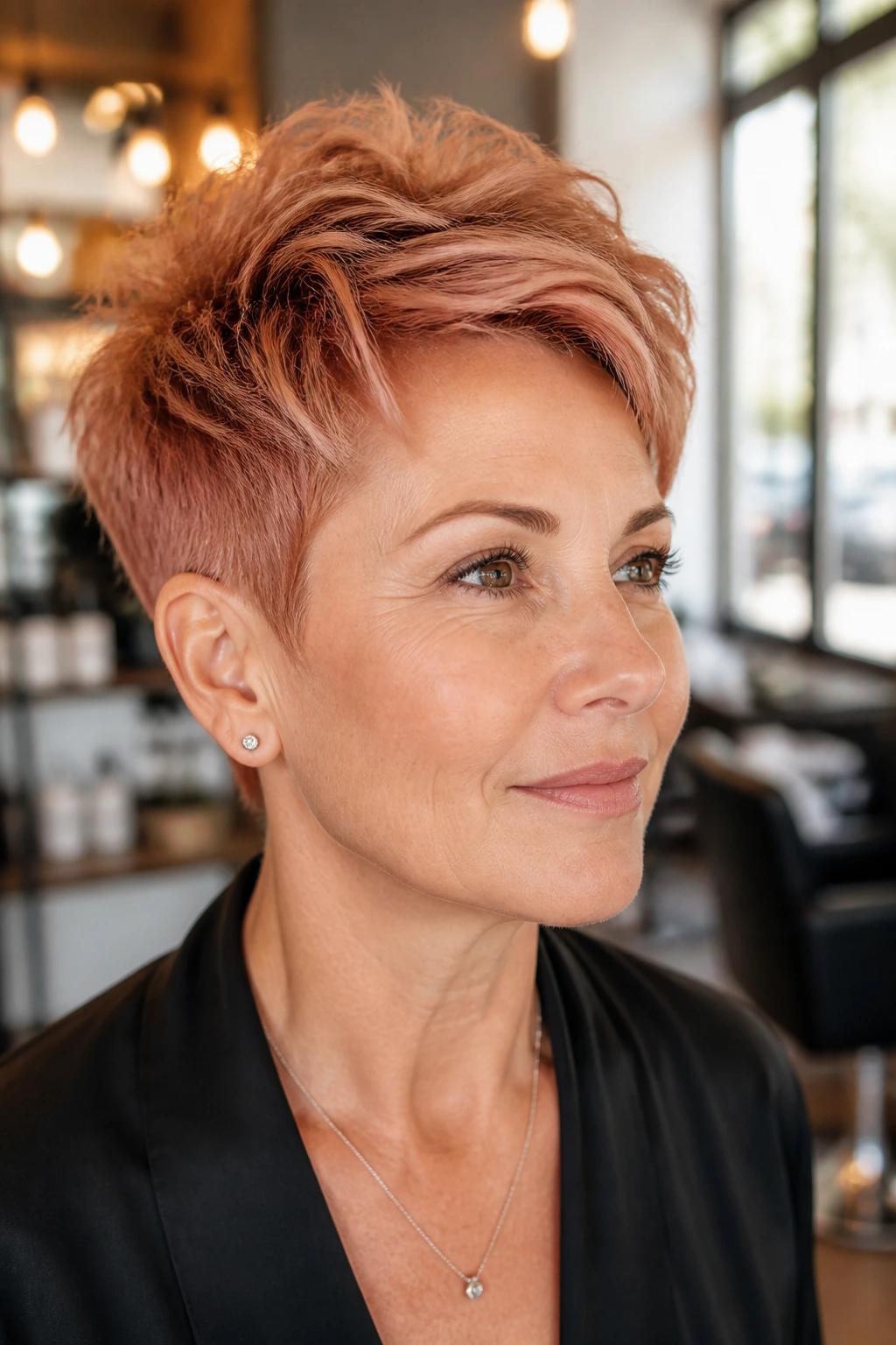 Close-up of a real woman with copper-rose pixie in a sunlit salon