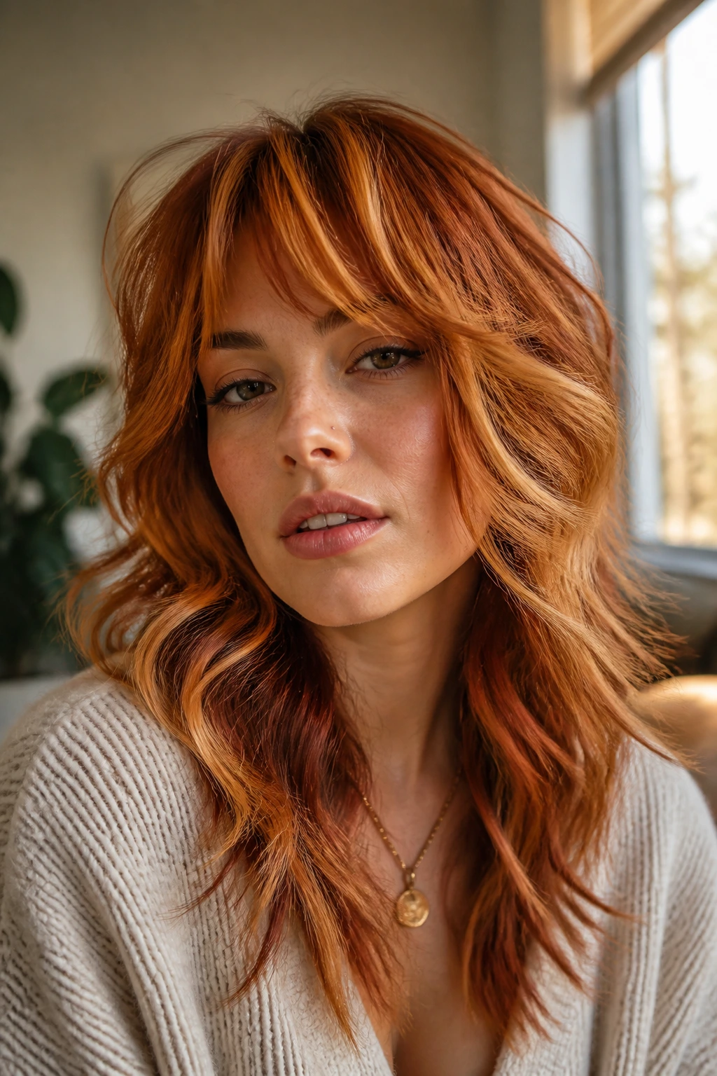 Close-up of copper wolf cut showing varied tones and visible layering.