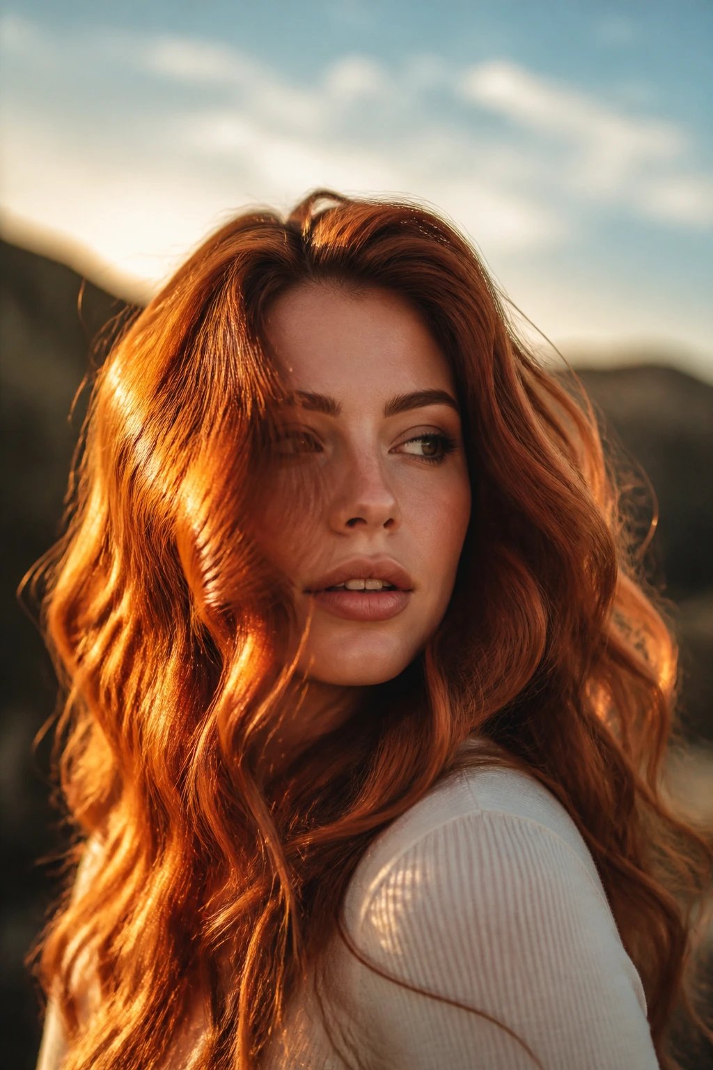 Copper-wavy hair catching golden hour light outdoors