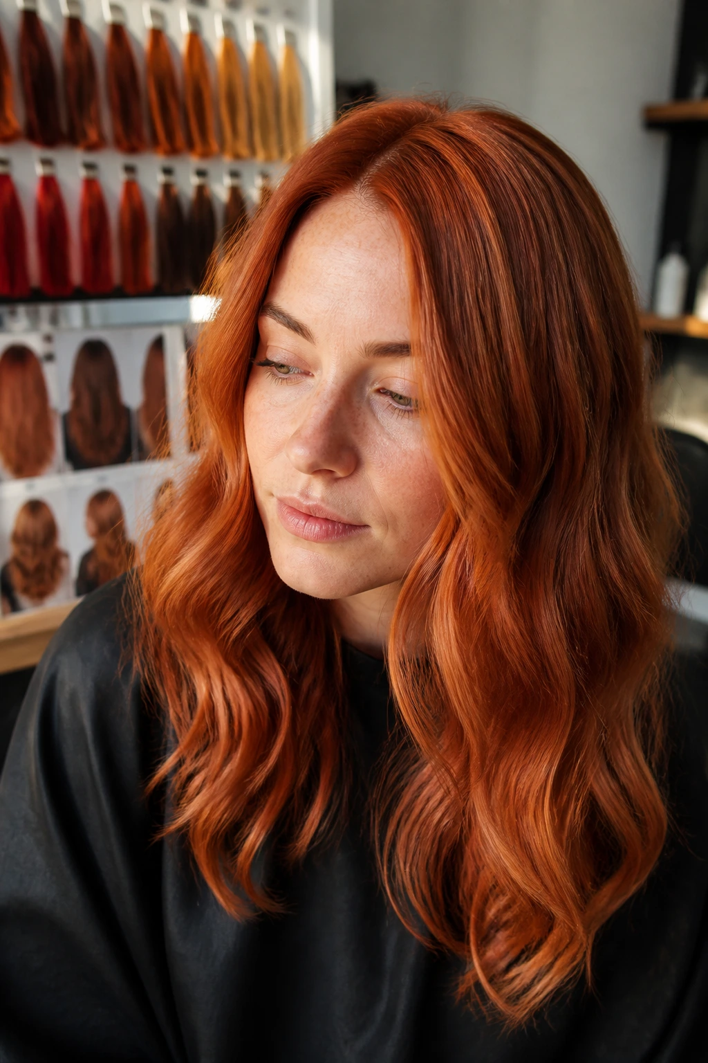 Portrait of a real person with copper hair, with color swatches in the background