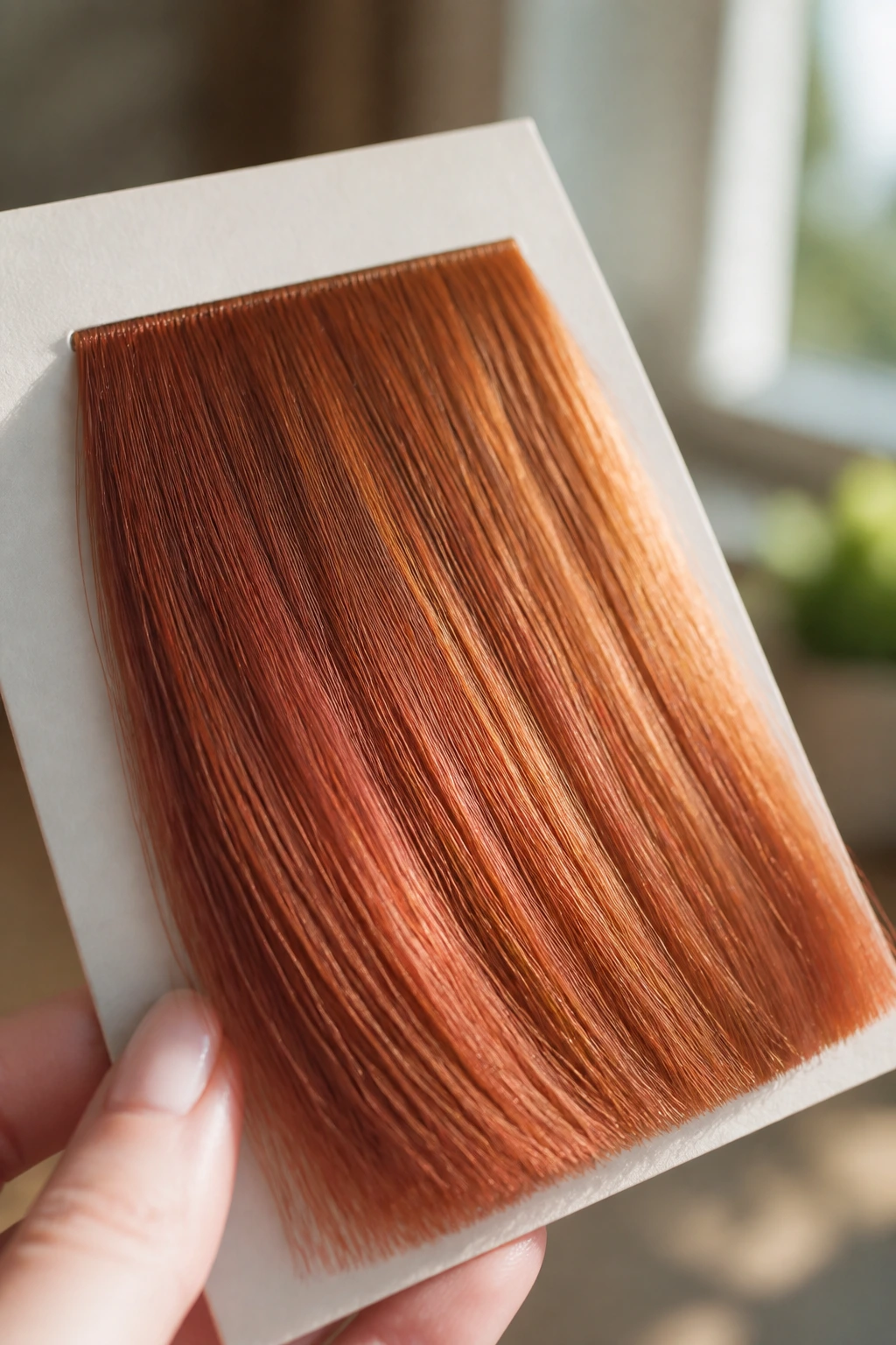Close-up copper hair color swatch showing a vibrant copper hue under daylight.