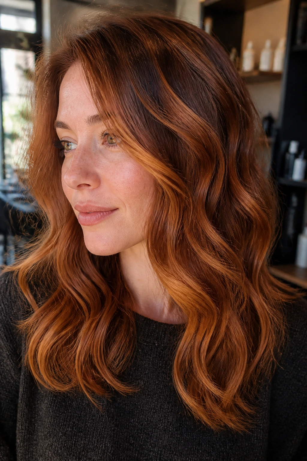 Close-up of wavy copper-toned hair on a real person in a cozy salon with natural light