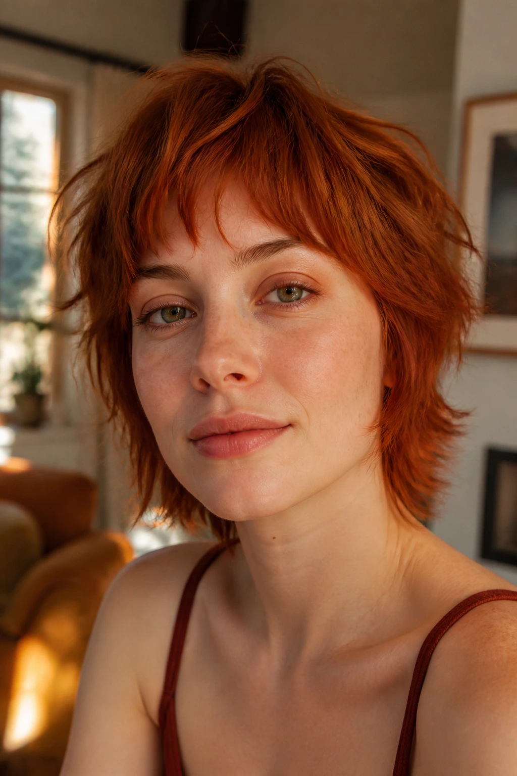 Close-up portrait of a real woman with tousled copper shag and baby bangs in natural light