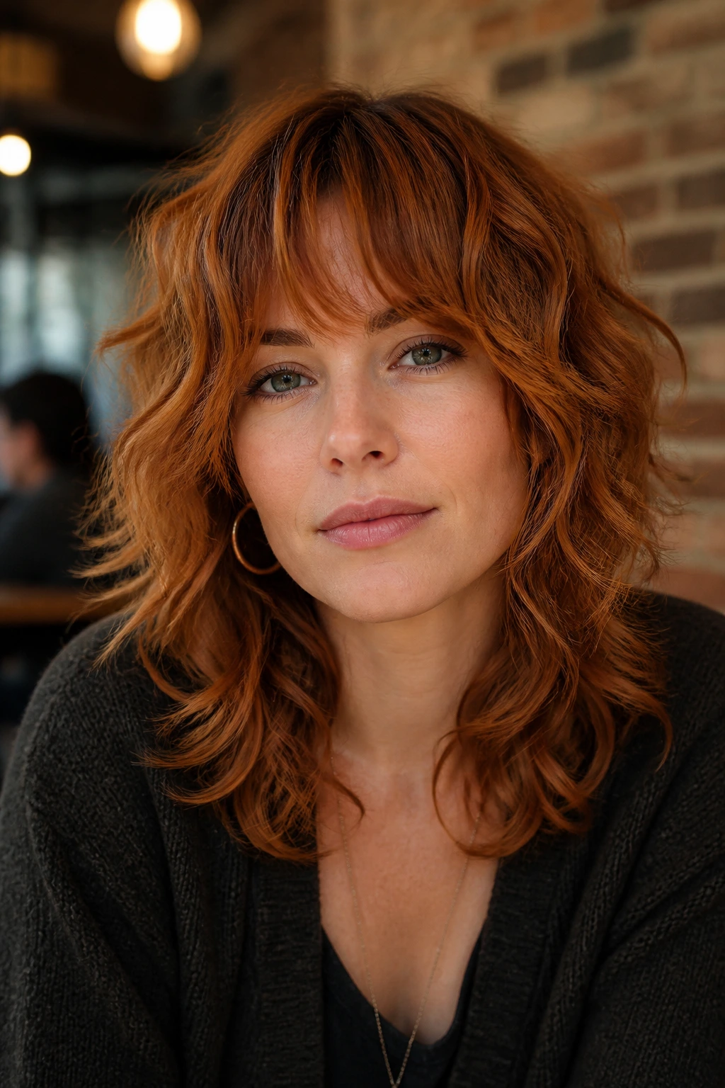 Close-up portrait of copper mid-length shag with bottleneck bangs on a real woman