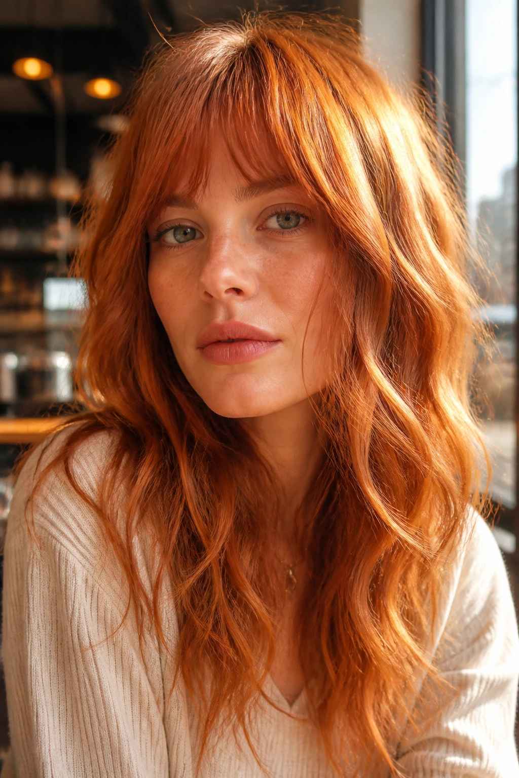 Close-up of a real woman with copper shag and bright fringe in warm sunlight