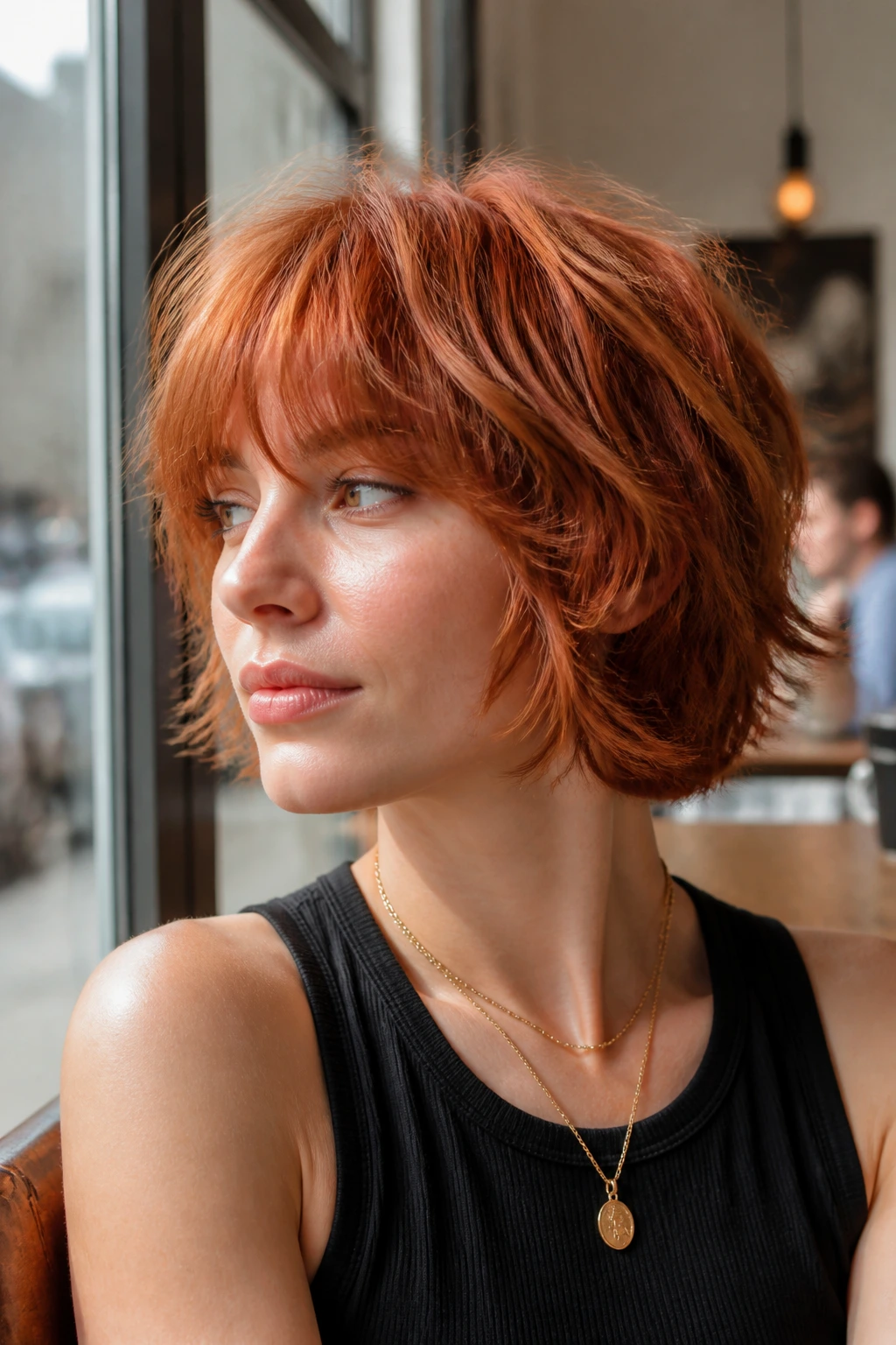 Close-up of a real person with copper chin-length shag and broken fringe