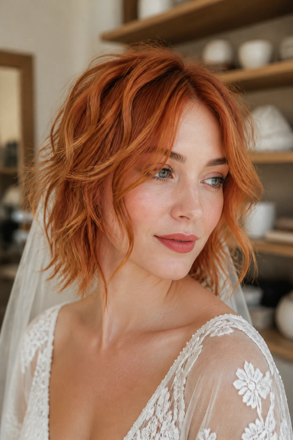 Close-up of a real bride with copper shag and face-framing bends